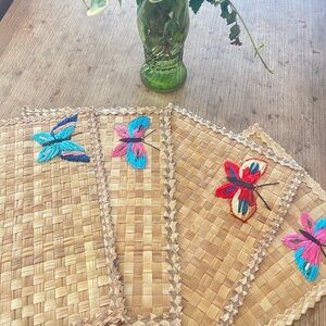Vintage tiki placemats with cross stitched butterflies  set of 4